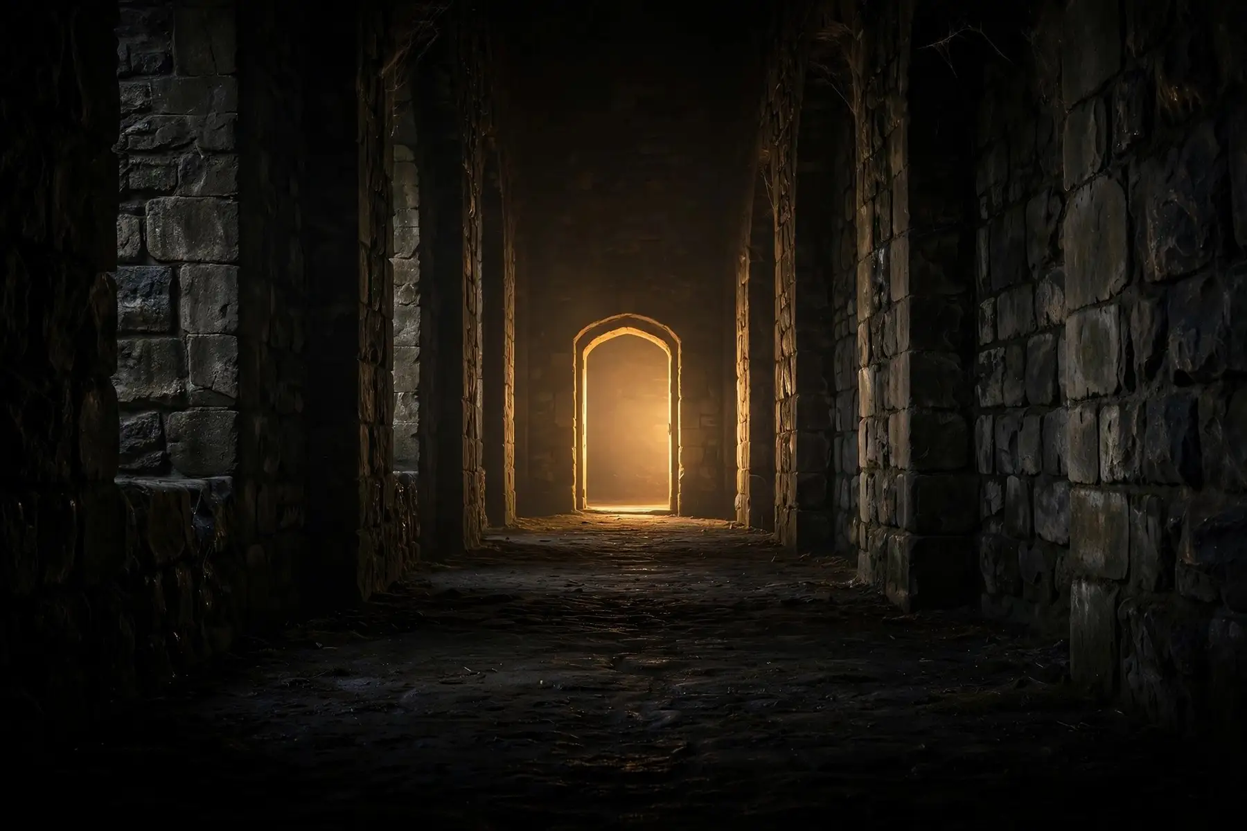 A warm light glowing through an open doorway at the end of a stone corridor.