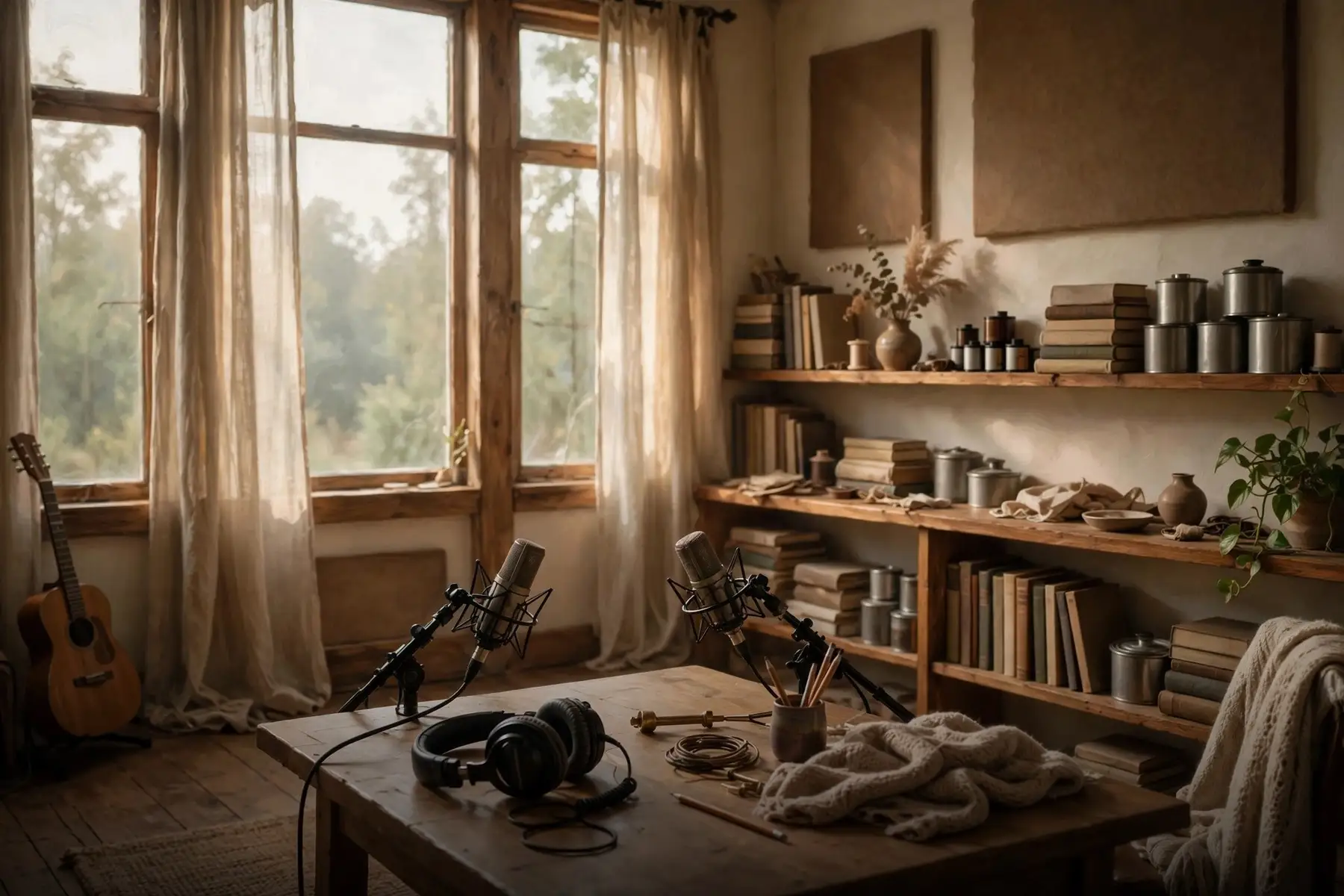 Two microphones and a pair of headphones on a wooden table in a sunlit room full of books.
