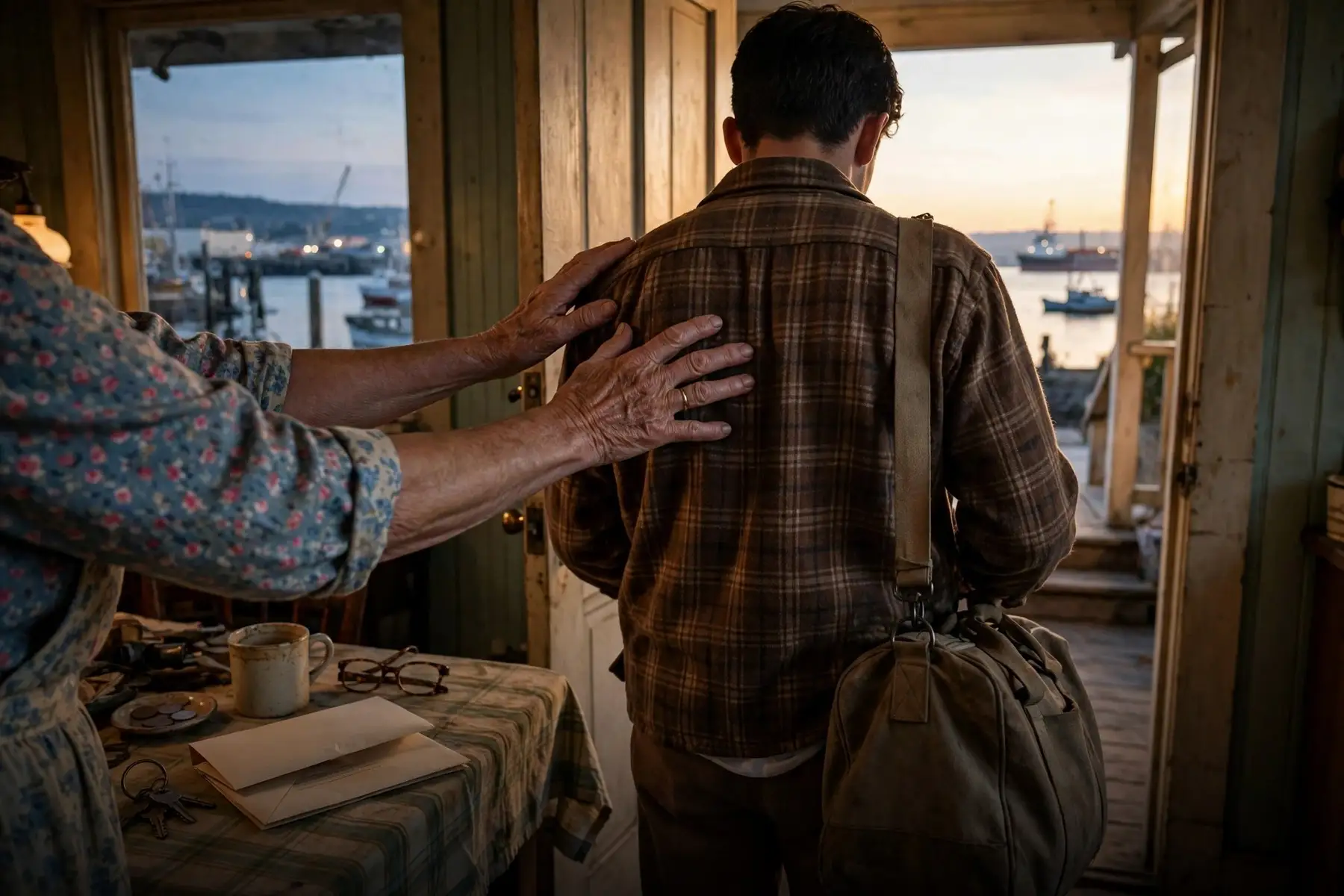 An older woman rests her hands on a young man&rsquo;s shoulders at an open door by the harbor.