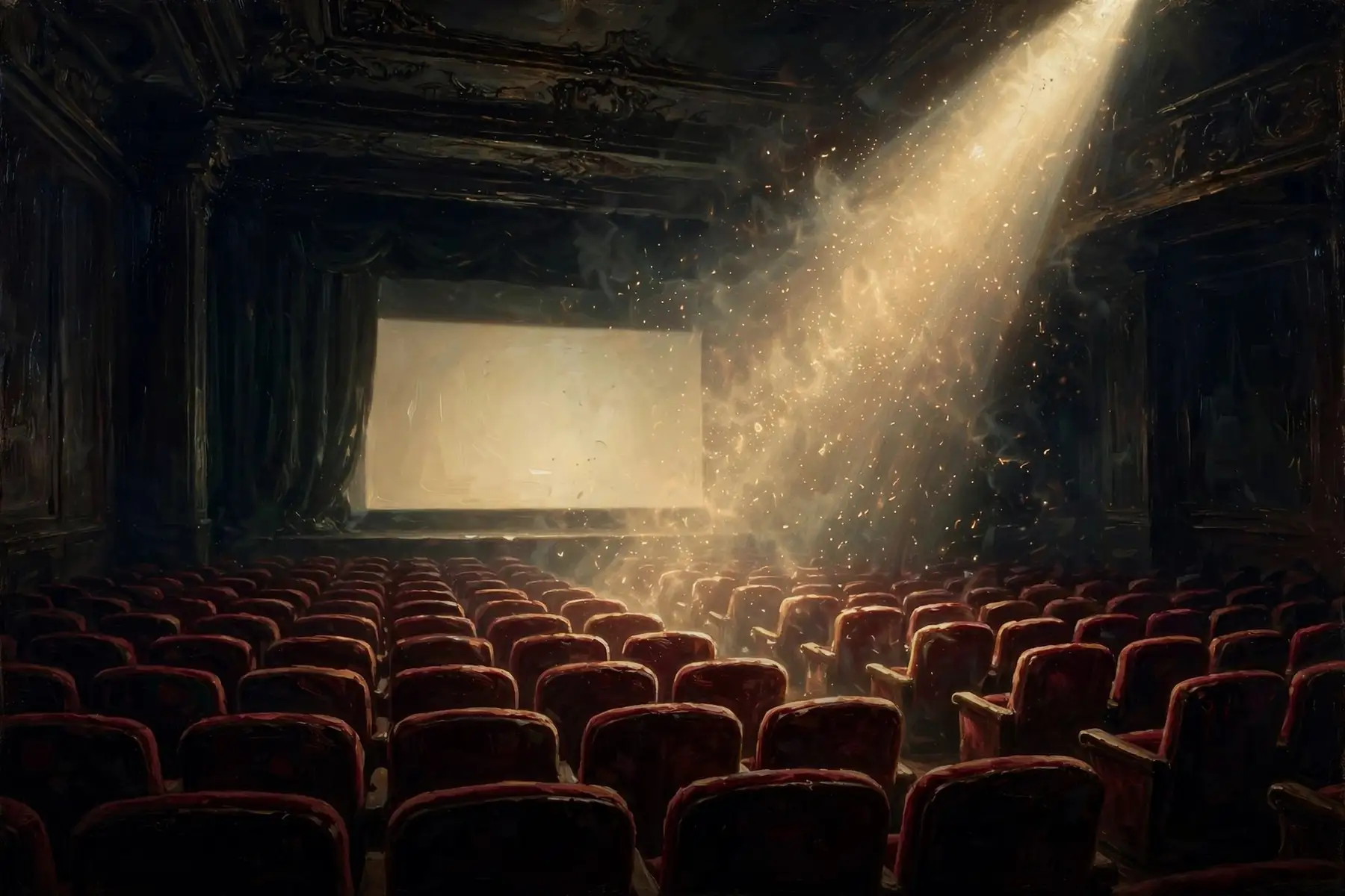 An empty old theater, a beam of projector light falling across the seats.