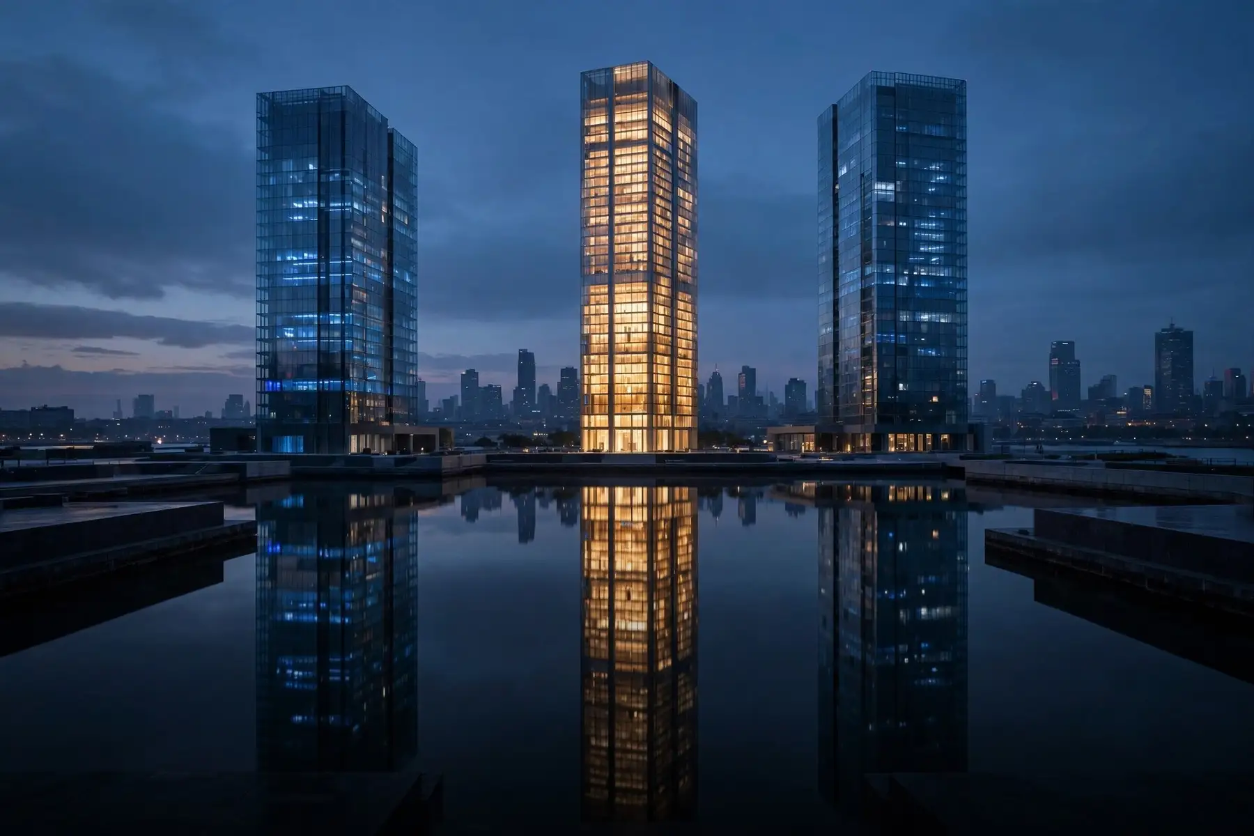 Three glass towers at dusk, their lights doubled in still water.