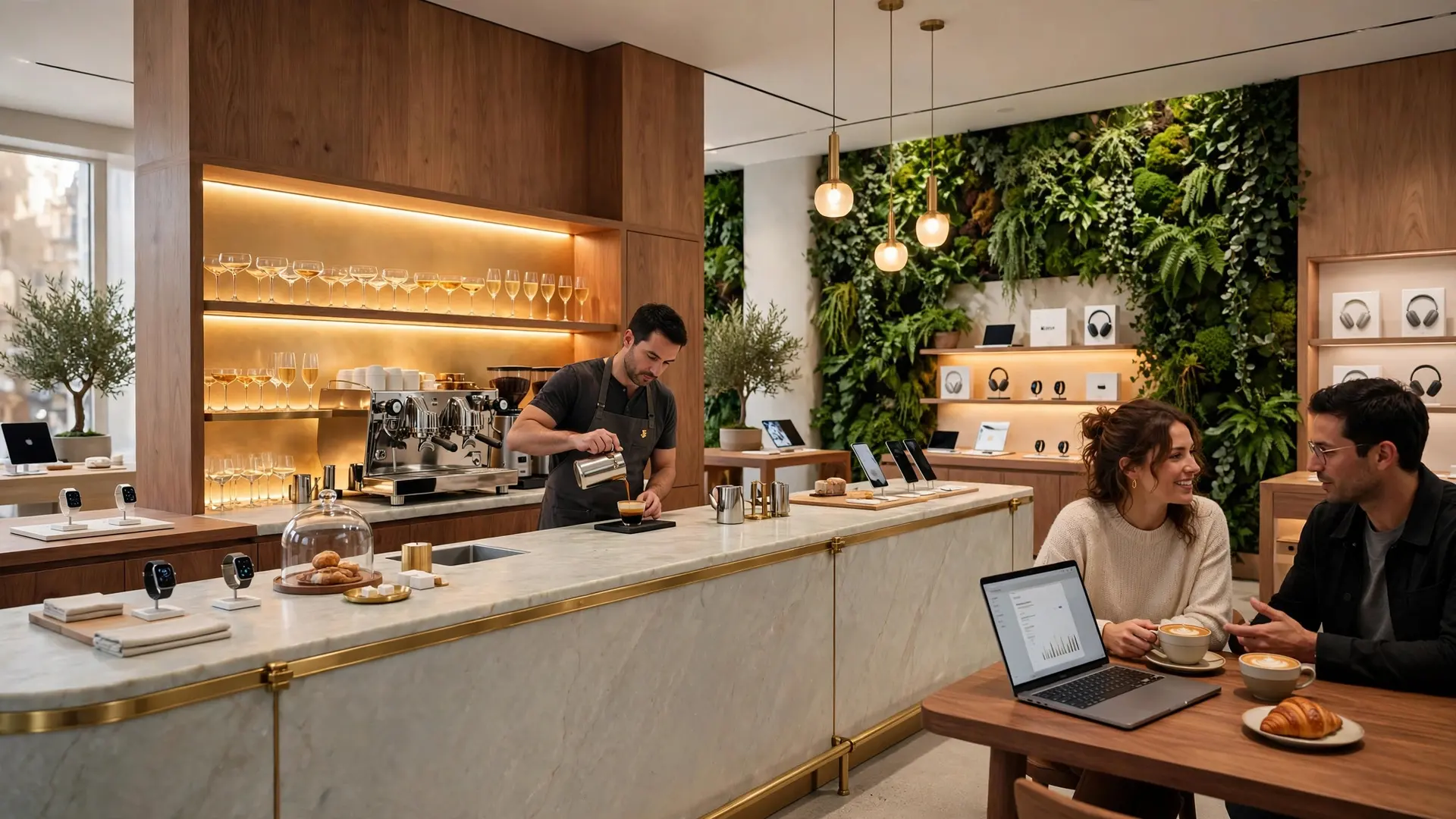 The coffee and champagne bar by day: a stone counter, an espresso machine, glassware shelves lit warm, a guest with a laptop and a cappuccino.