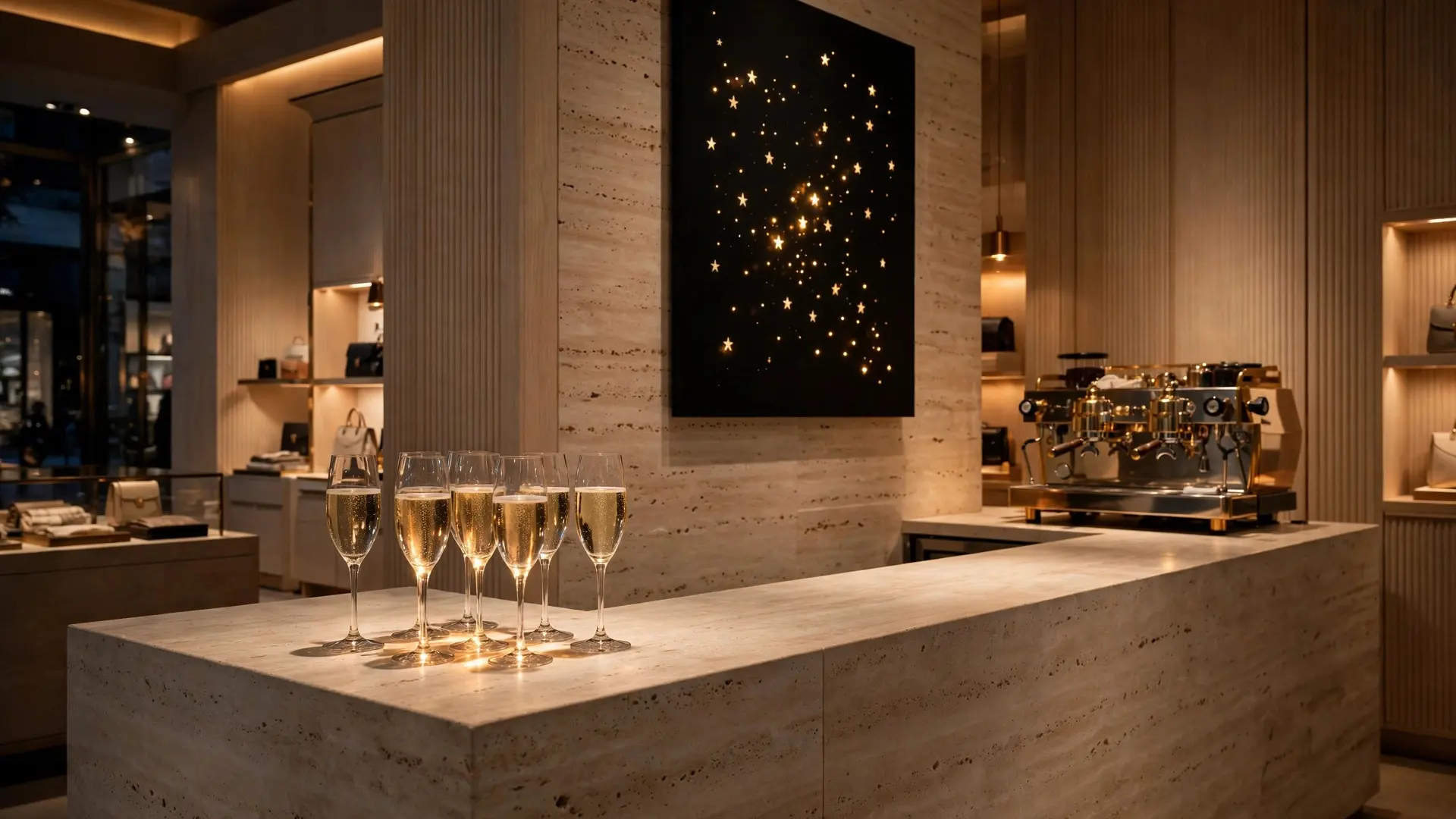 Champagne Hour: filled glasses glowing on the travertine counter, the star field lit above, the room gone amber.