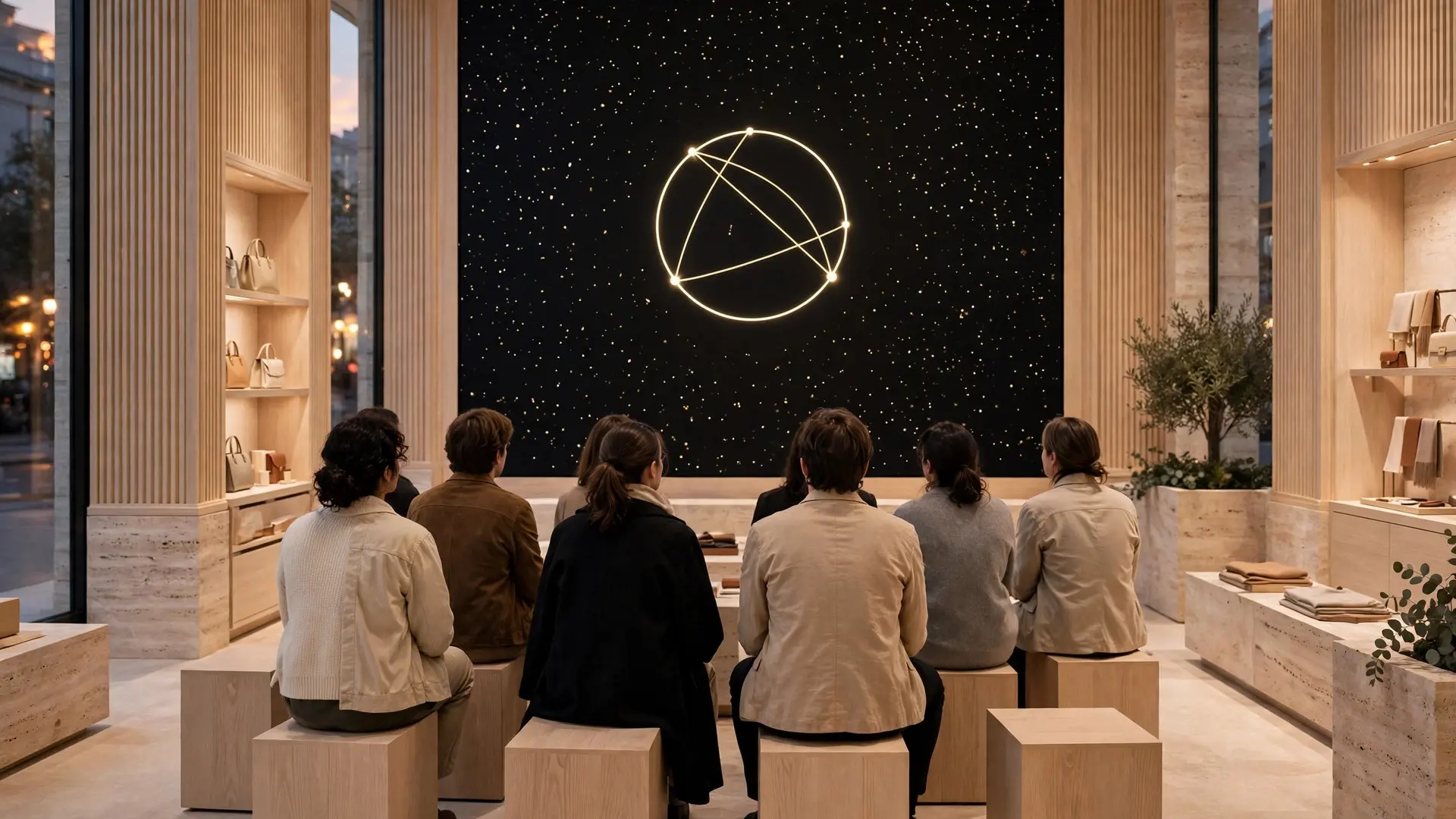 The Forum in session: guests seated on oak cubes facing a great dark wall of gold stars and a single luminous diagram.
