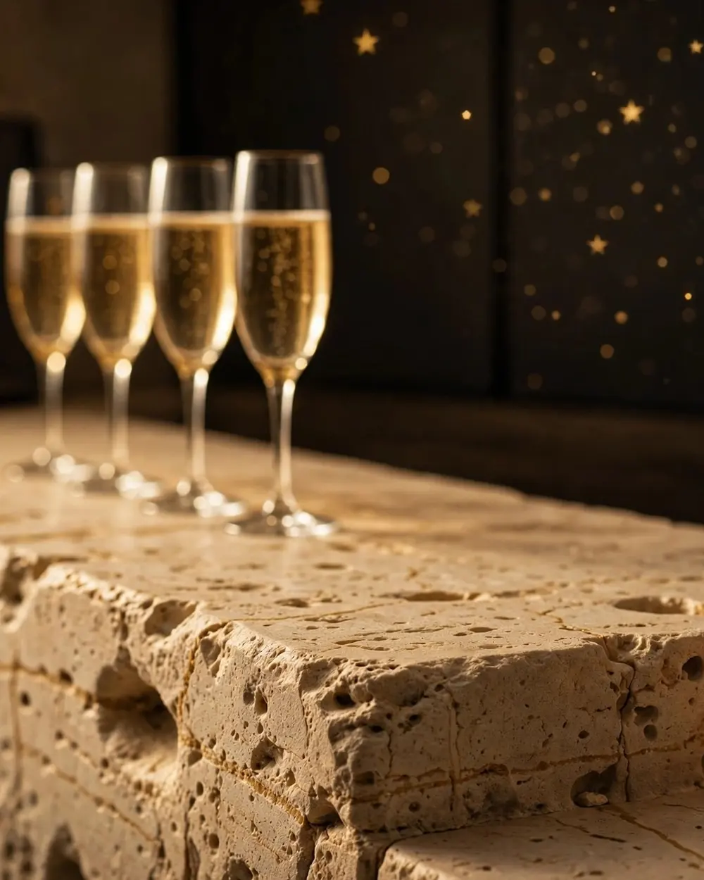 Champagne glasses on rough travertine, gold points of light behind them.