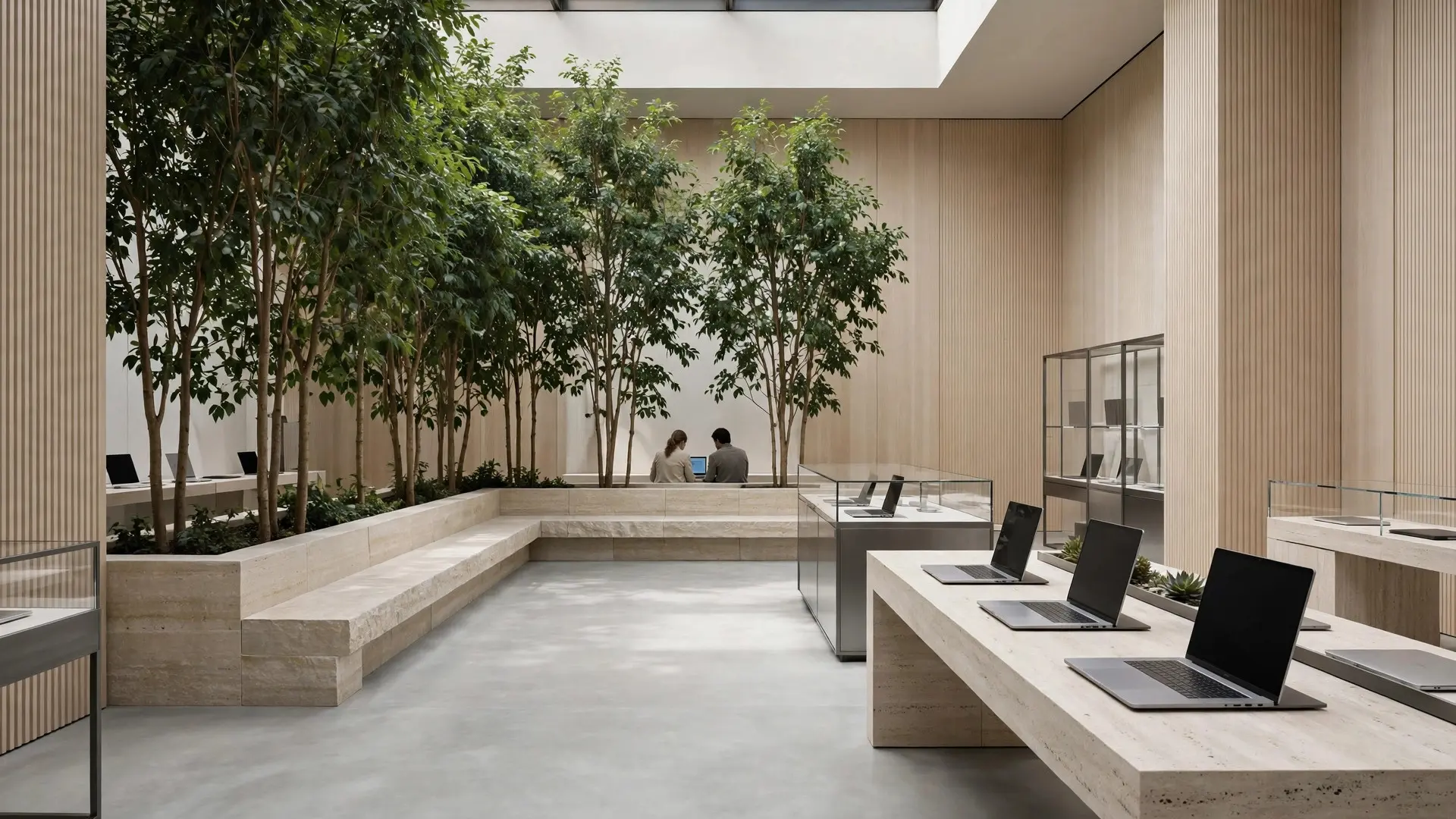 The Grove: ficus trees in stone planters that double as benches, daylight from the skylight, a quiet corner of the hall.