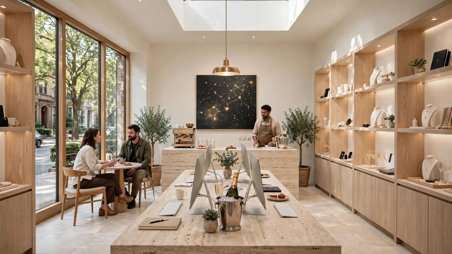 The micro-shop: one travertine table, one wall of bays, one counter and one star field, in a small pale room.