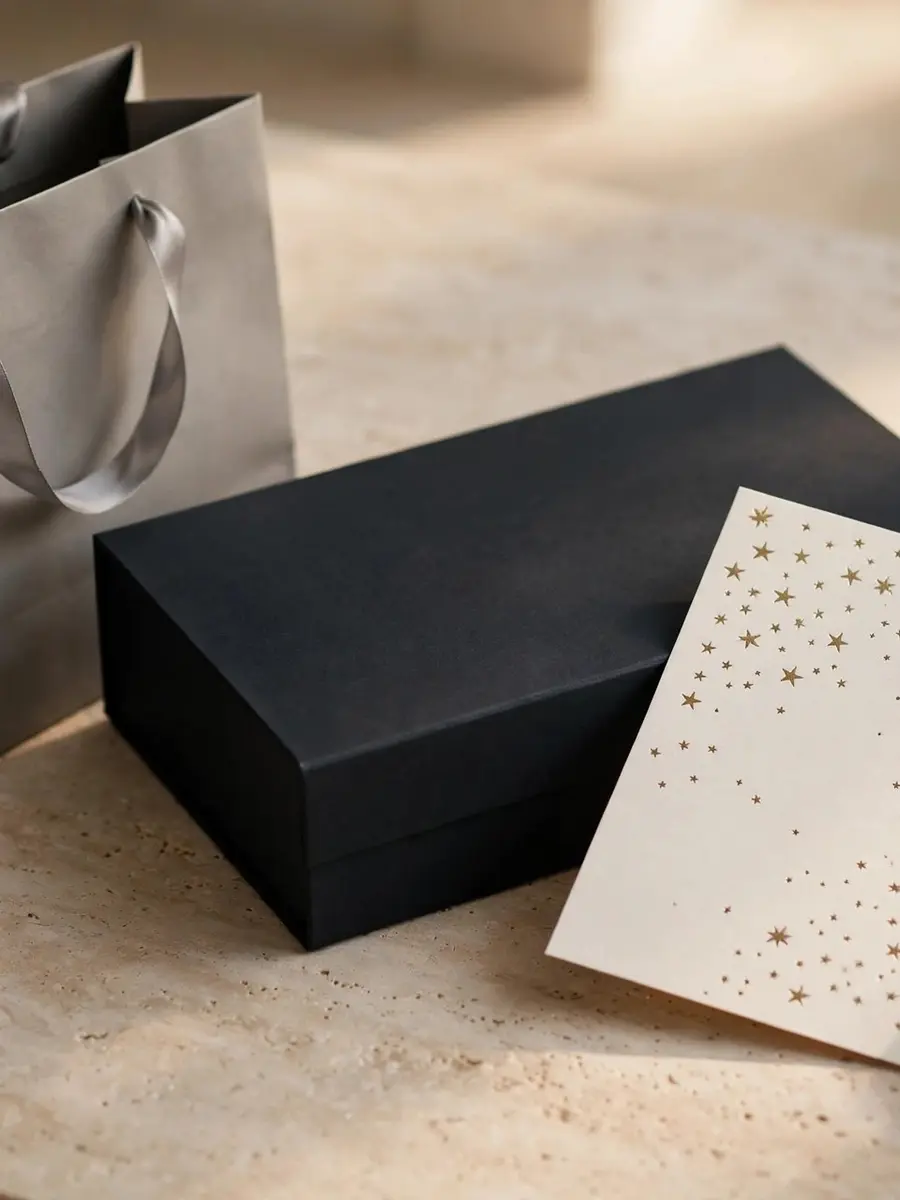 A matte bag, a rigid black box and an invitation card printed with the gold star field, on travertine.
