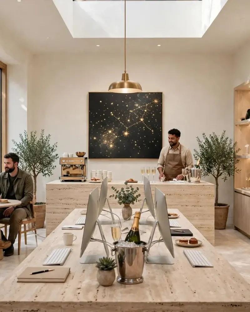 A small pale room: one table with machines and a bottle on ice, a counter, an olive tree and a star field on the wall.