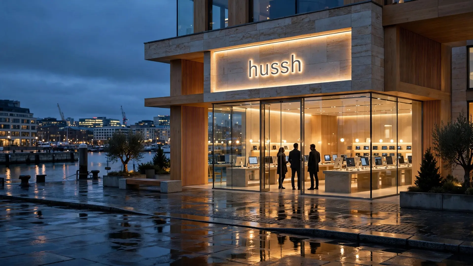 The flagship at dusk: limestone and oak, a lowercase hussh wordmark lit like a gallery label, the hall glowing behind full-height glass.