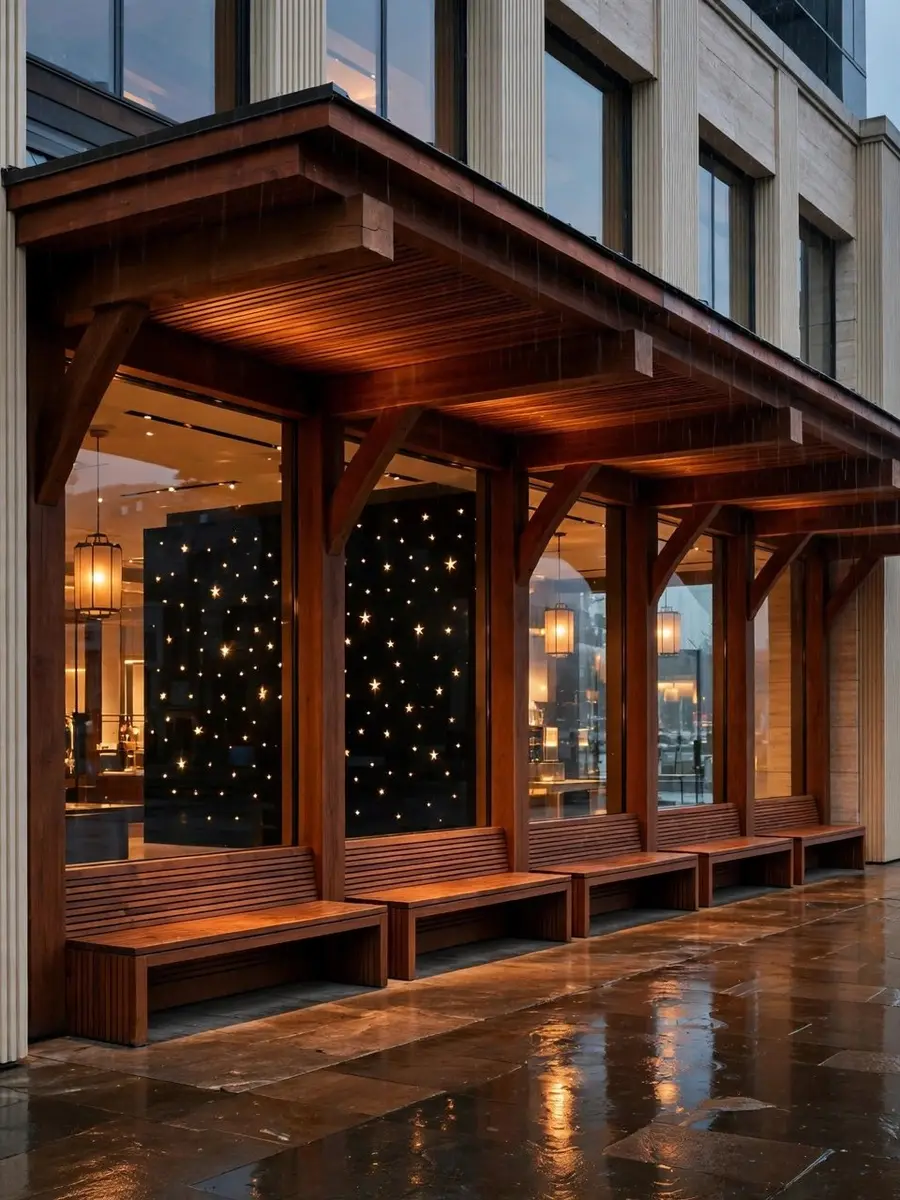 The threshold in rain: the timber canopy, a covered bench row and the star field glowing inside like a lantern.