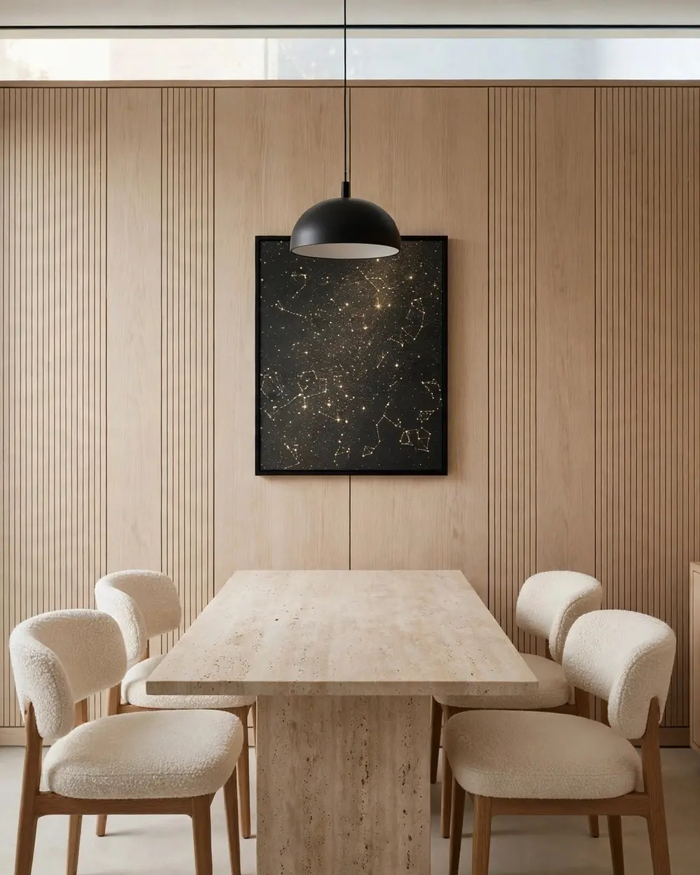 The Vault by day: an oak-lined room for four, a travertine table, bouclé chairs, one pendant, a framed star field.
